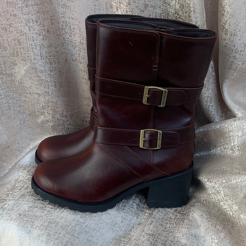 Harley-Davidson Women’s Burgundy Mid-Calf Buckle Heeled Boots